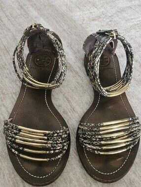 Tory Burch Gold-Accent Brown Leather Strappy Sandals